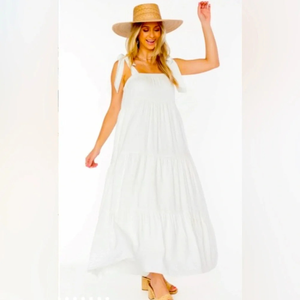 Haute hippie bow straps boho white maxi dress Cottagecore designer spring tiered